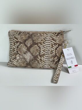 Isadora Italy Snakeskin Embossed Leather Clutch Pouch Bag NWT